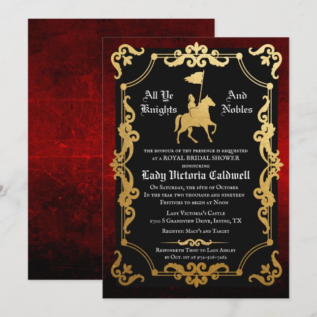 Medieval Knight Jousting Bridal Shower Invitation (Front/Back)