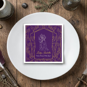 Medieval Knight & Lady Romance Purple Gold Border Napkin