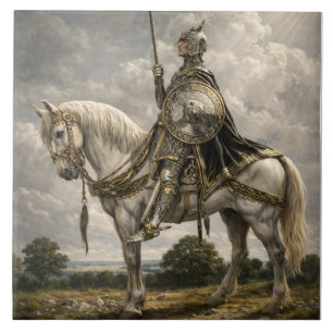 Medieval Knight on Horseback Retro Fantasy Art Tile