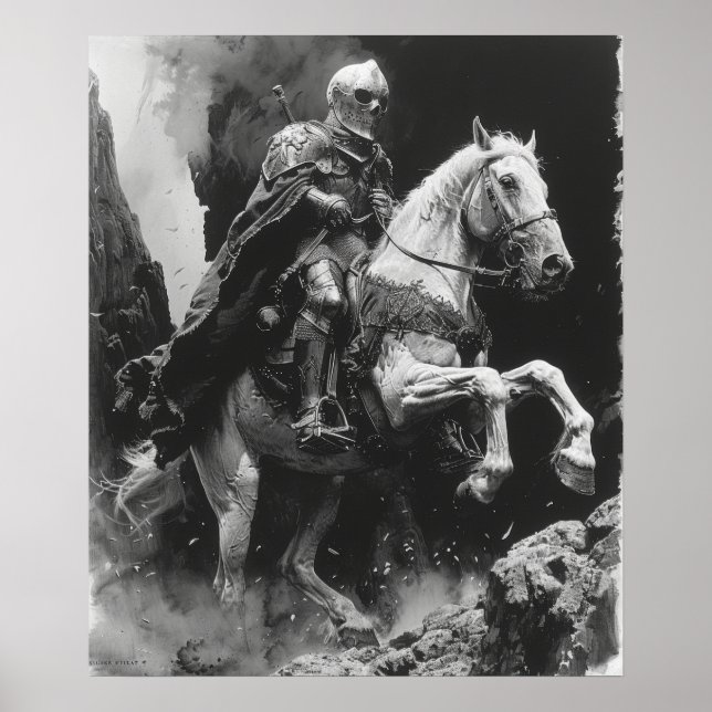 Medieval Knight Riding Horse Illustration Poster (Front)