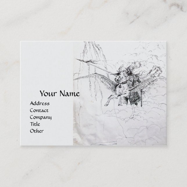 MEDIEVAL KNIGHT RIDING ON PEGASUS Black White  Business Card (Front)