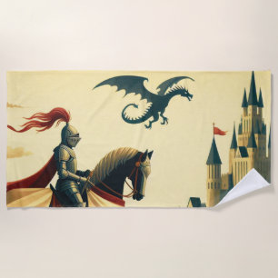 Medieval Knight & wyvern castle Beach Towel