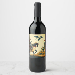 Medieval Knight & wyvern castle fantasy  Wine Label