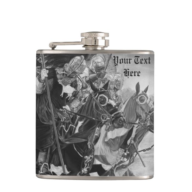 medieval knights jousting on horses hip flask (Front)
