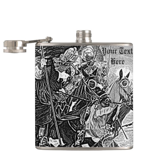medieval knights jousting on horses historic art hip flask (Opened)