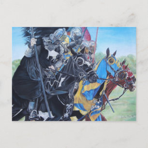 medieval knights jousting on horses historic art postcard