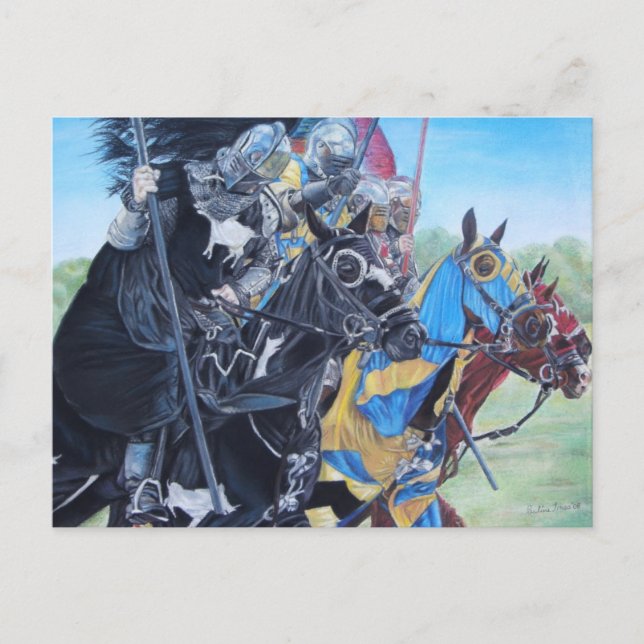 medieval knights jousting on horses historic art postcard (Front)
