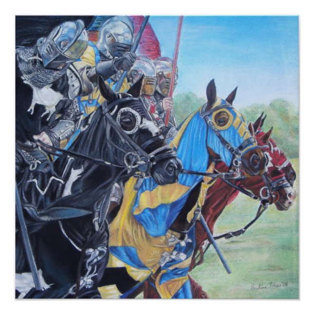 medieval knights jousting on horses historic art poster (Front)