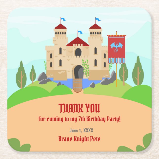 Medieval Knights Tournament Boy Birthday Party Square Paper Coaster (Front)