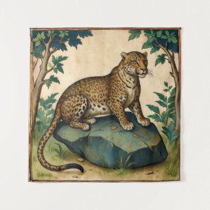 Medieval Leopard on Rock in the Forest Art Tapestry