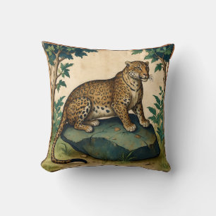 Medieval Leopard on Rock in the Forest Art Throw Pillow