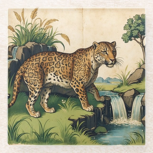 Medieval Leopard with Waterfall Nature Art Glass Coaster (Front)