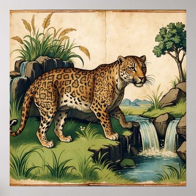 Medieval Leopard with Waterfall Nature Art Poster (Front)