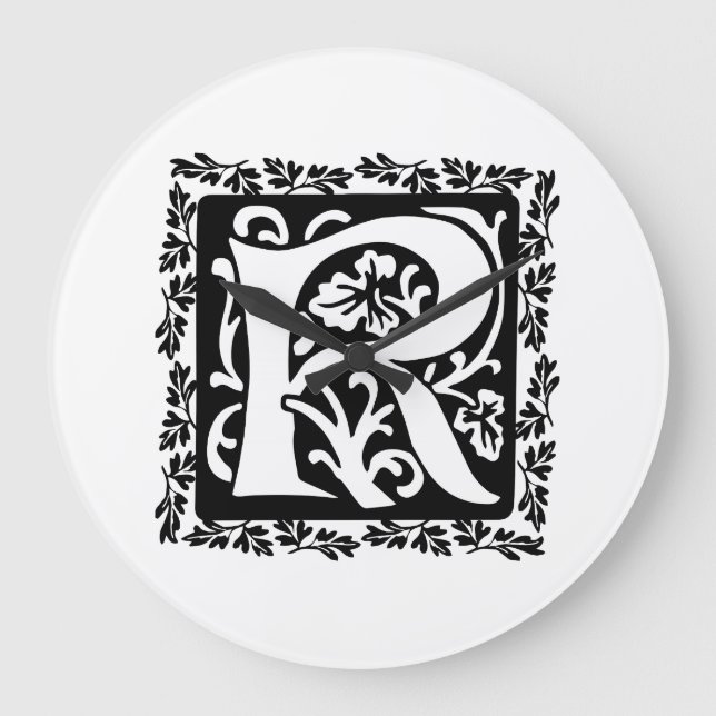 Medieval Letter R Monogram Black and White Large Clock (Front)