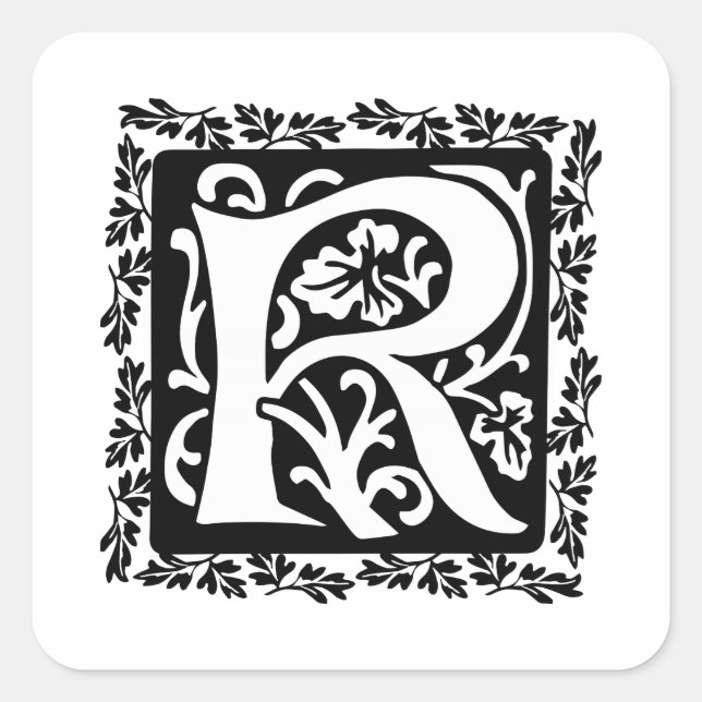 Medieval Letter R Monogram Black and White Square Sticker (Front)