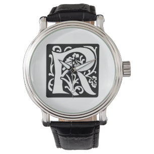 Medieval Letter R Monogram Black and White Watch