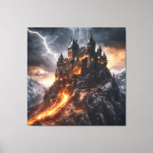 Medieval Lightning Mountain Lava Castle Canvas Print