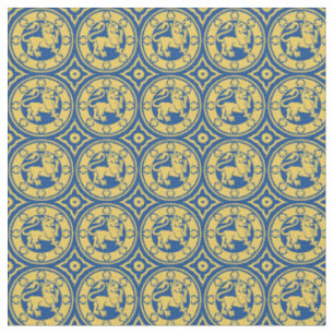 Medieval Lions, Yellow on blue Fabric