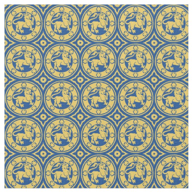 Medieval Lions, Yellow on blue Fabric (Close Up)