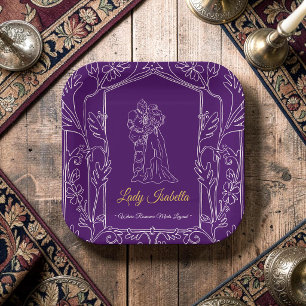 Medieval Love Story Purple Line Art Birthday Paper Plate