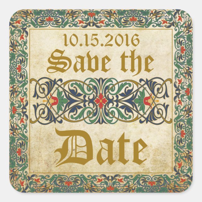 Medieval Manuscript Goth Save the Date Label (Front)