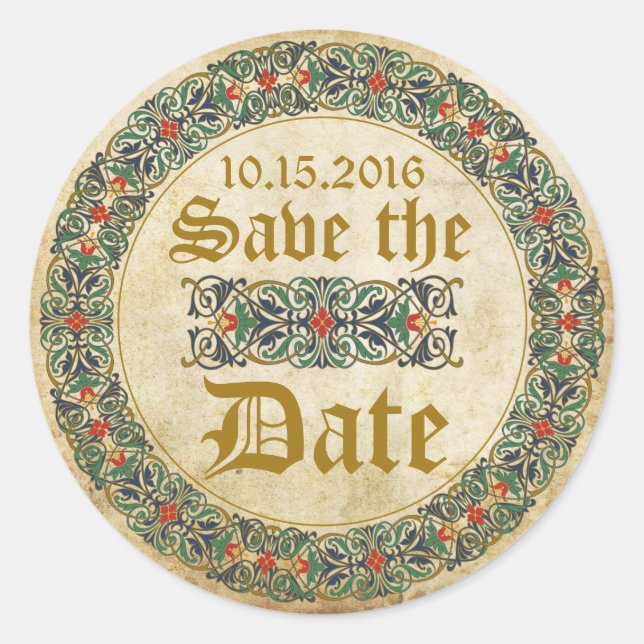 Medieval Manuscript Goth Save the Date Label (Front)