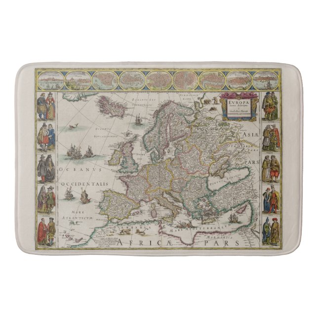 Medieval Map of Europe (by Willem Blaeu) Bath Mat (Front)