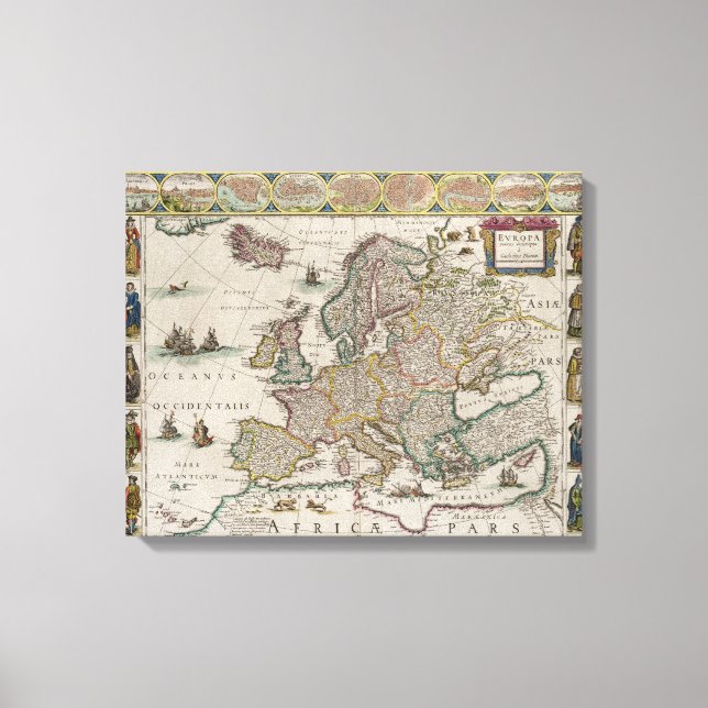 Medieval Map of Europe (by Willem Blaeu) Canvas Print (Front)