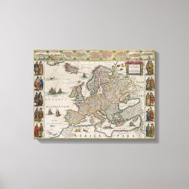 Medieval Map of Europe (by Willem Blaeu) Canvas Print (Front)