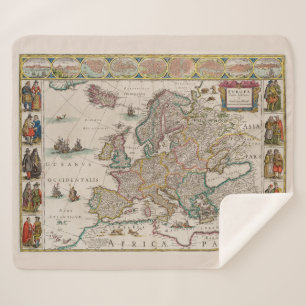 Medieval Map of Europe (by Willem Blaeu) Sherpa Blanket