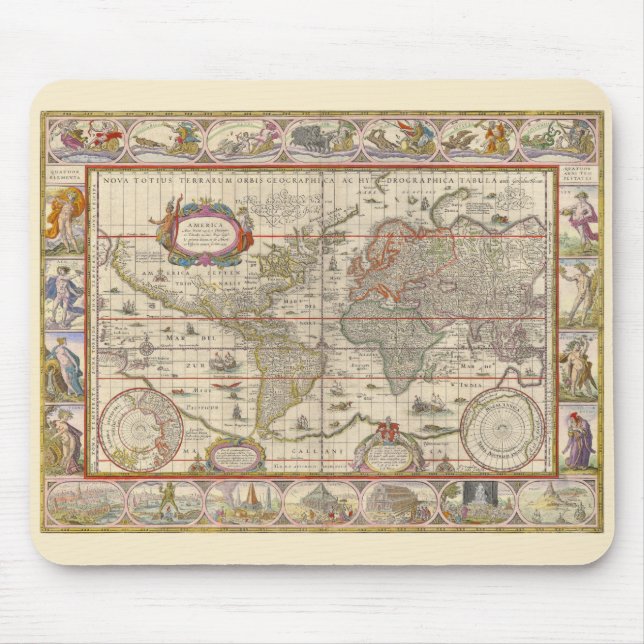 Medieval Map of the Entire World (by Willem Blaeu) Mouse Pad (Front)