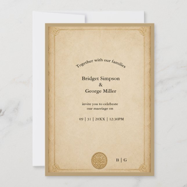 Medieval Minimalist Parchment Celtic Knot Wedding Invitation (Front)