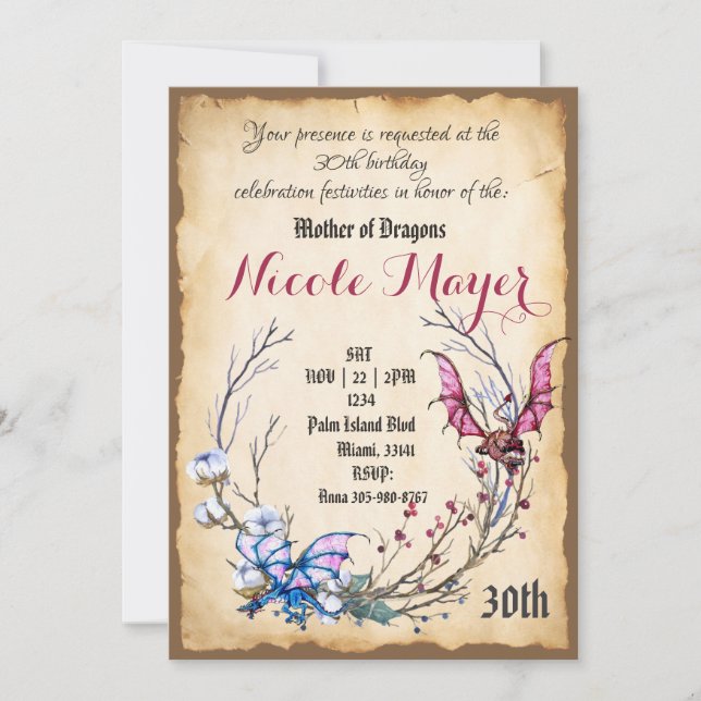 Medieval Mother of Dragon 30th Birthday Invitation (Front)