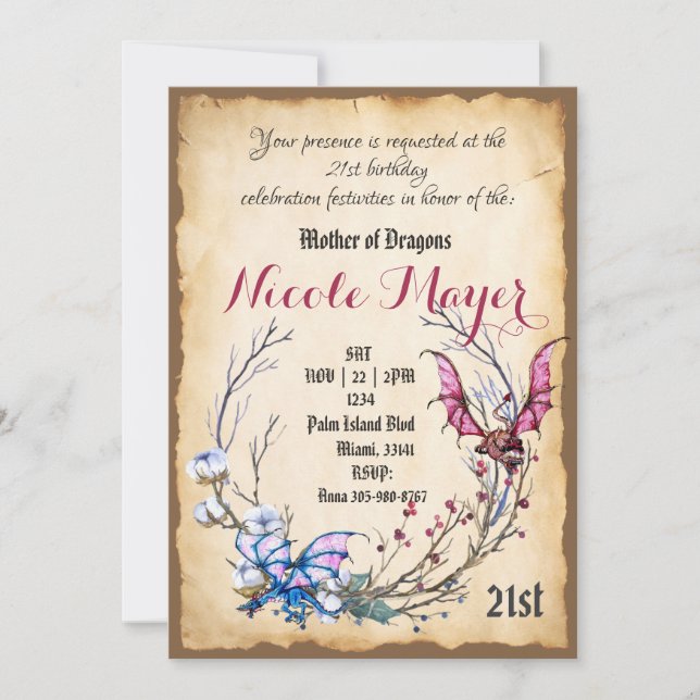 Medieval Mother of Dragons Birthday Invitation (Front)