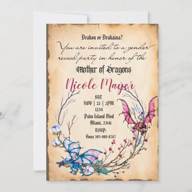 Medieval Mother of Dragons Gender Revea Invitation (Front)