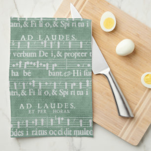 Medieval Music Manuscript Teal Green Kitchen Towel