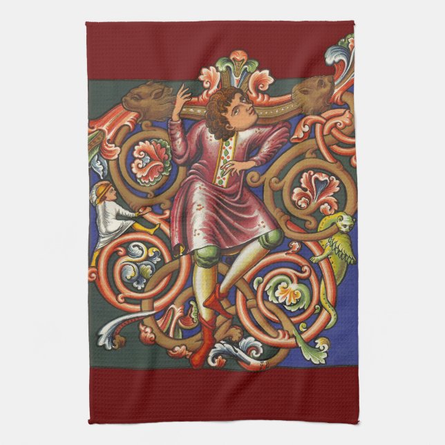 Medieval Nobelman Colourful Illuminated Manuscript Kitchen Towel (Vertical)
