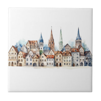 Medieval old city watercolor tile
