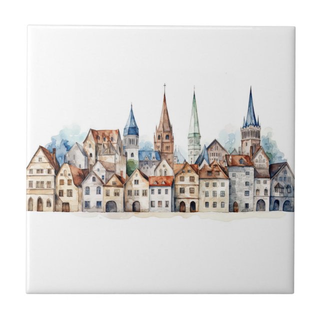 Medieval old city watercolor tile (Front)