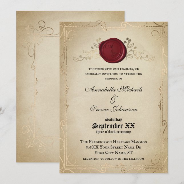 Medieval Parchment and Wax Seal Fairytale Wedding Invitation (Front/Back)