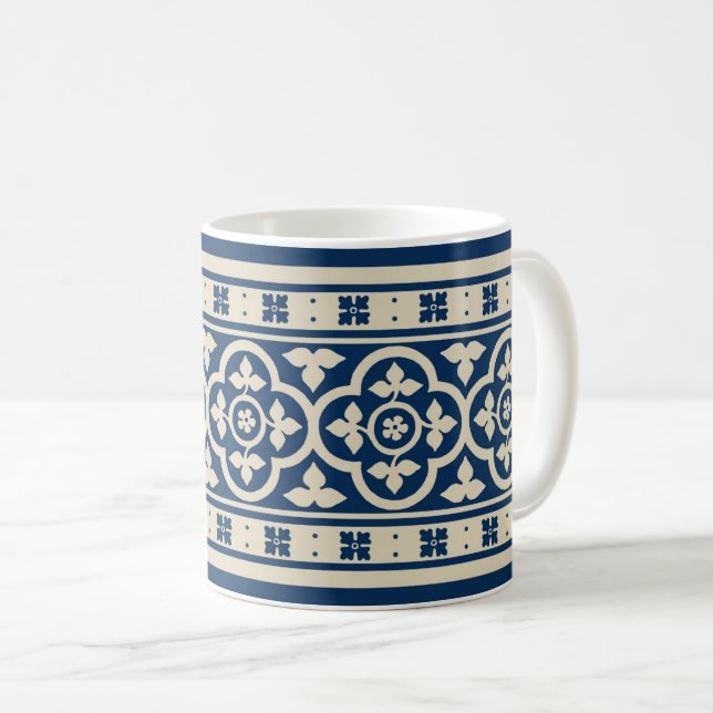Medieval Quatrefoils - Ivory on Prussian Blue Coffee Mug (Front Right)