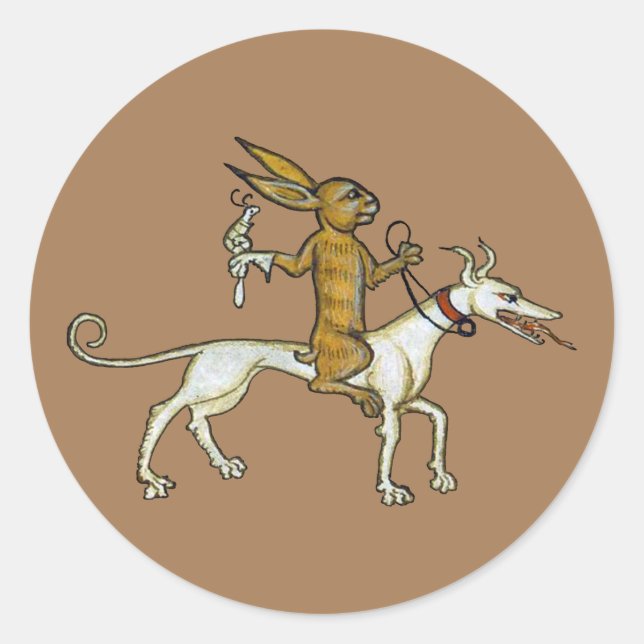 Medieval Rabbit Riding Dog and Holding Snail Classic Round Sticker (Front)