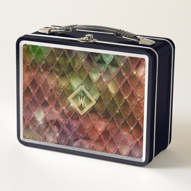 Medieval Rainbow Dragon Scales with Single Initial Metal Lunch Box (Front)