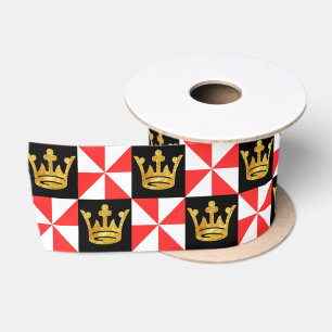 Medieval Red White Black Faux Gold Crown Pattern Satin Ribbon