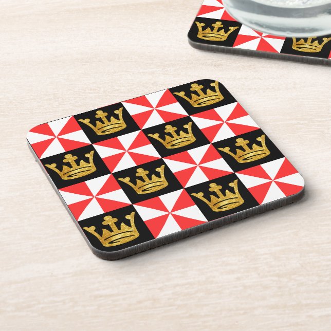 Medieval Red White Faux Gold Crown Pattern Beverag Coaster (Left Side)