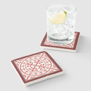 Medieval Red White Marble Wreath Leaves Romanesque Stone Coaster