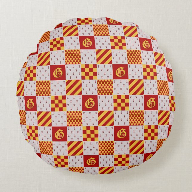 Medieval Red Yellow Magical Fantasy Heraldic Round Pillow (Front)