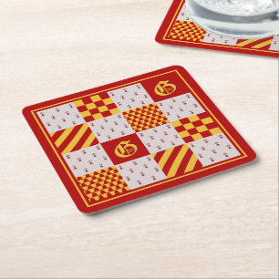 Medieval Red Yellow Magical Fantasy Heraldic Square Paper Coaster