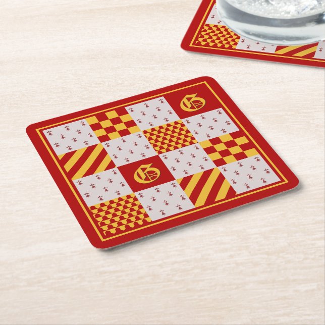 Medieval Red Yellow Magical Fantasy Heraldic Square Paper Coaster (Angled)