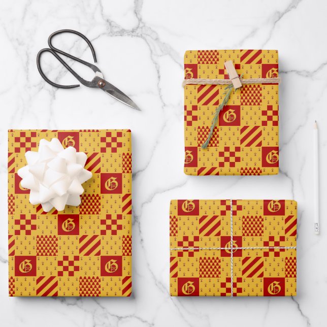 Medieval Red Yellow Vair Ermine Heraldic Pattern Wrapping Paper Sheet (Front)